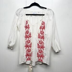 CJ Laing Gauzy Top Womens Large Embroidered Tasseled Boho Peasant Cottagecore